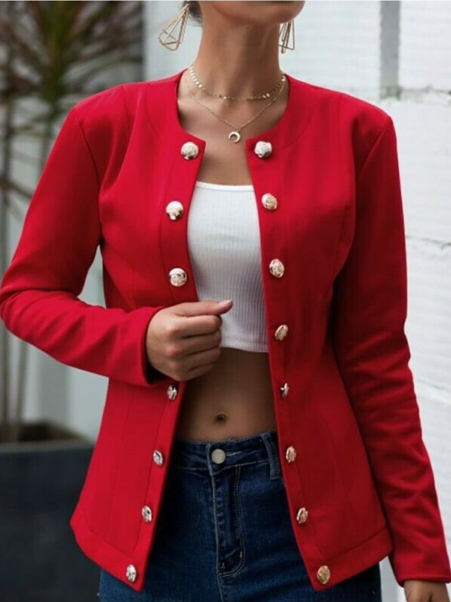 

Lovely Stylish O Neck Button Design Red Blazer