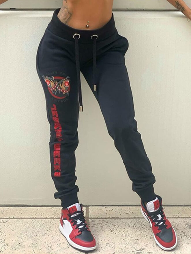 

Lovely Casual Mid Waist Letter Print Black Pants