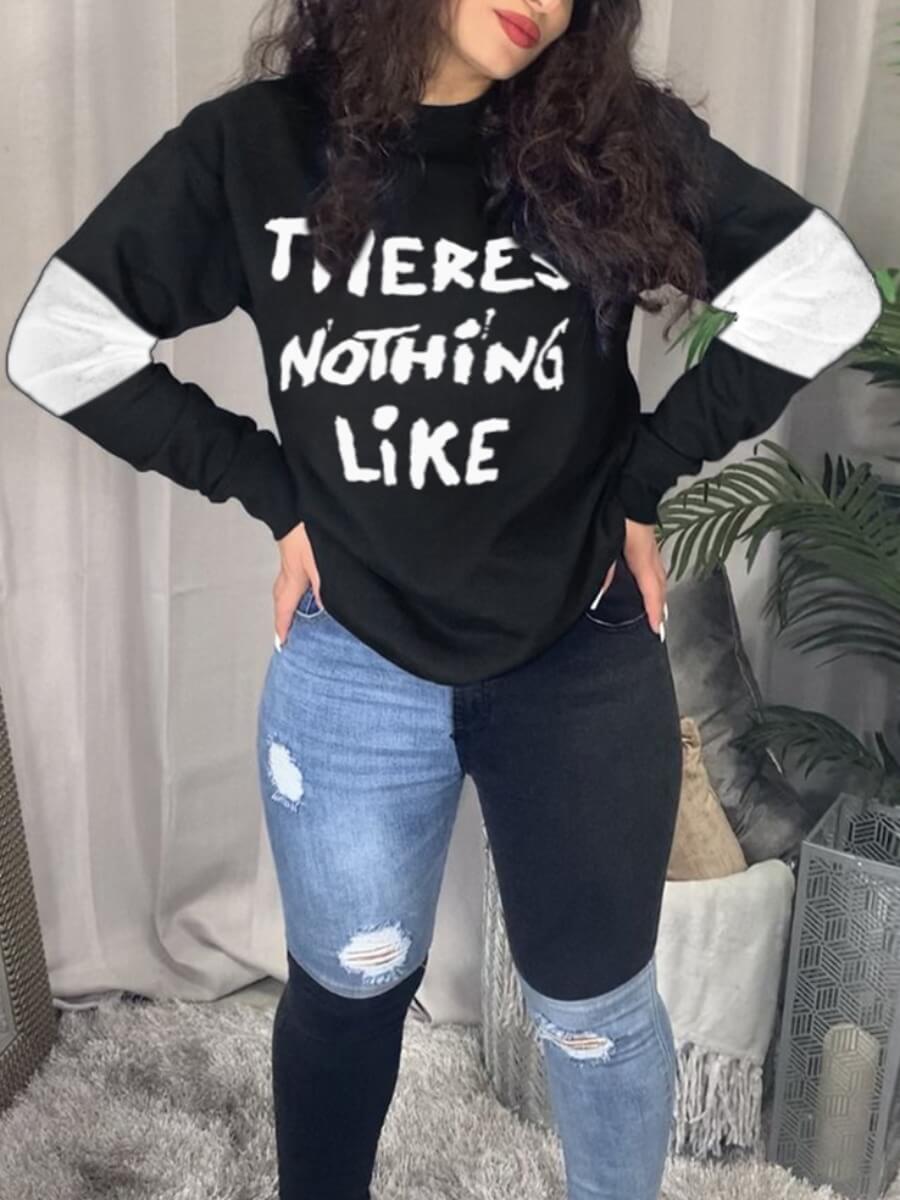 

LW Casual O Neck Letter Print Patchwork Black Hoodie