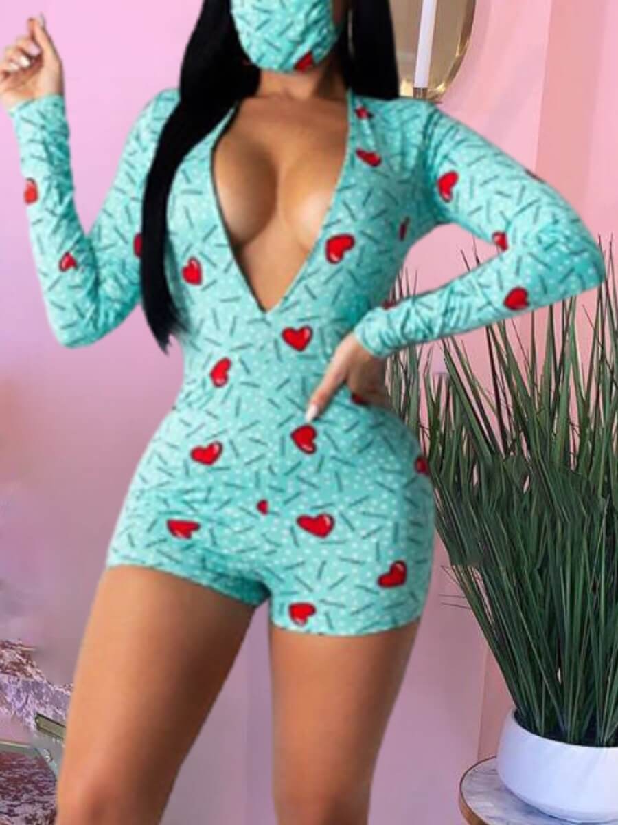 

Lovely Casual Deep V Neck Heart-shaped Print Green Sleepwear