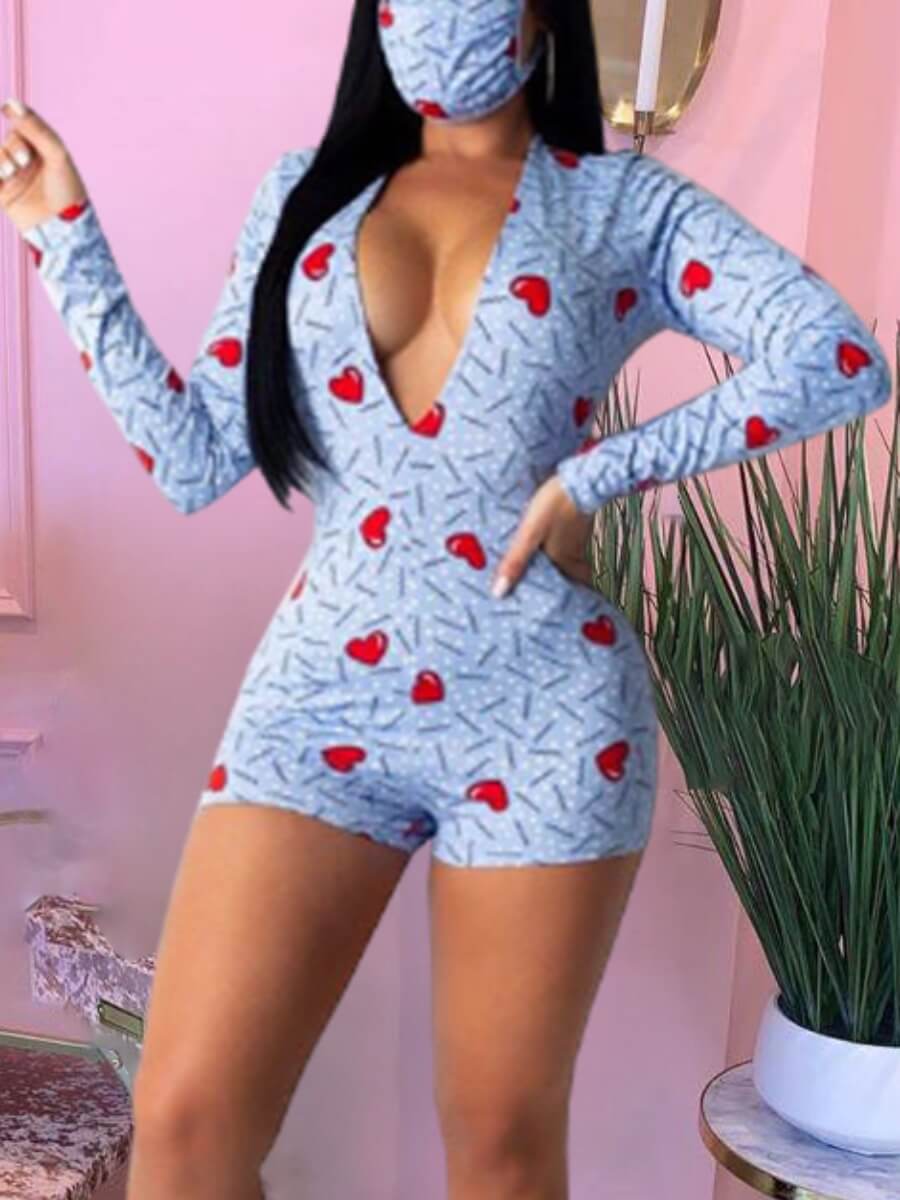 

Lovely Casual Deep V Neck Heart-shaped Print Blue Sleepwear