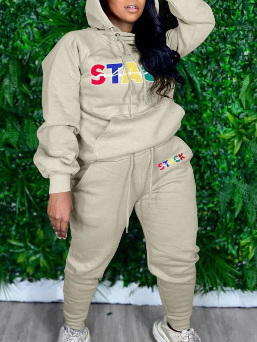 

Lovely Casual Hooded Collar Letter Print Apricot Plus Size Two-piece Pants Set