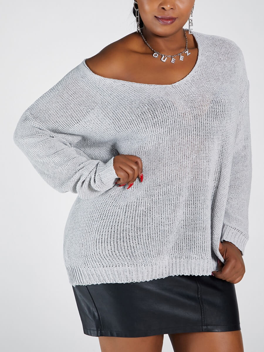 

Lovely Casual V Neck Hollow-out Grey Plus Size Sweater