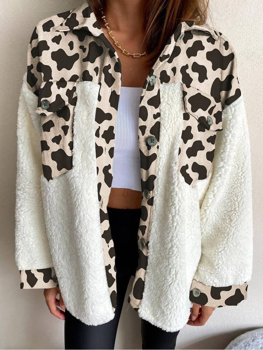 

Lovely Casual Dropped Shoulder Sleeve Patchwork Faux Fur, Cow grain