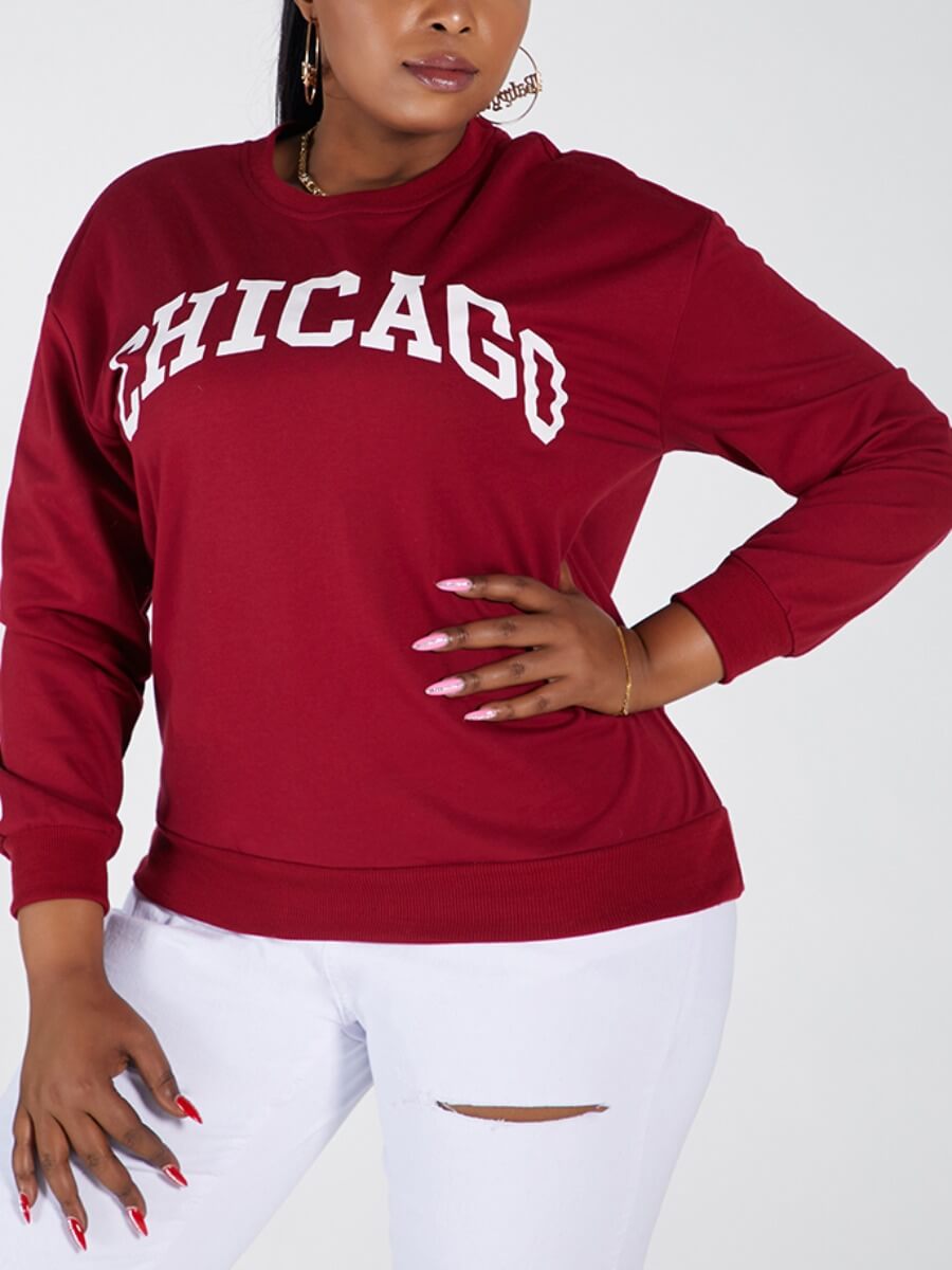 

Lovely Casual O Neck Letter Print Wine Red Plus Size Hoodie