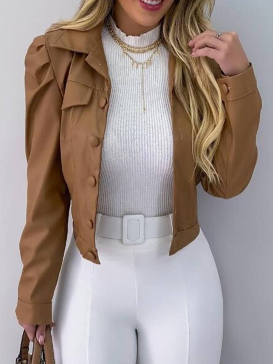 

Lovely Casual Hubble-bubble Sleeve Button Design Khaki Leather