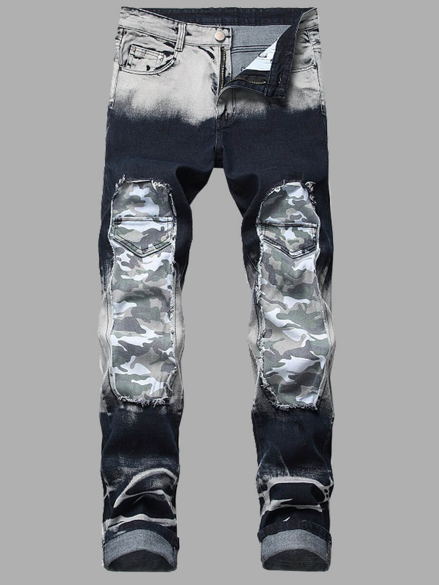 LW Men Casual Camo Patchwork Gradient Print Jeans