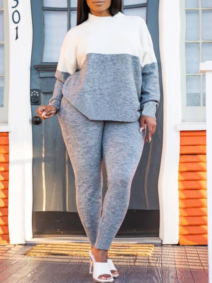 

Lovely Casual Half A Turtleneck Patchwork Grey Two Piece Pants Set