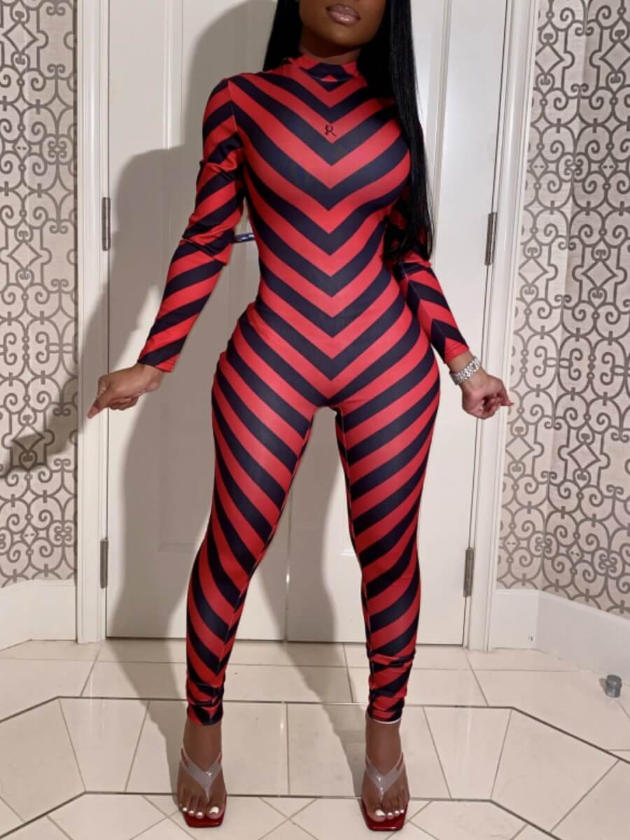 

Lovely Casual Striped Patchwork Red One-piece Jumpsuit