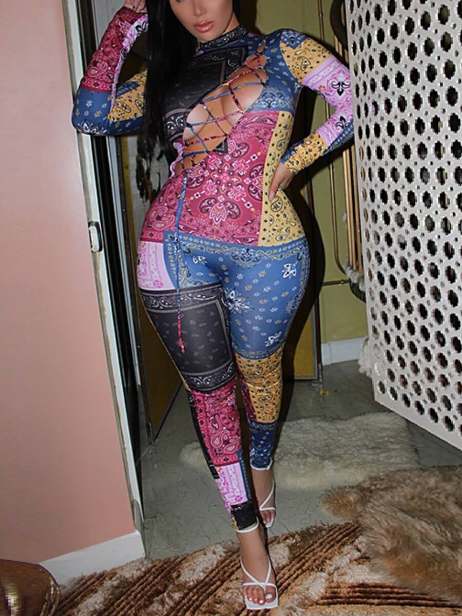

Lovely Sexy Bandage Hollow-out Design Patchwork Multicolor One-piece Jumpsuit(Batch Print), Multi