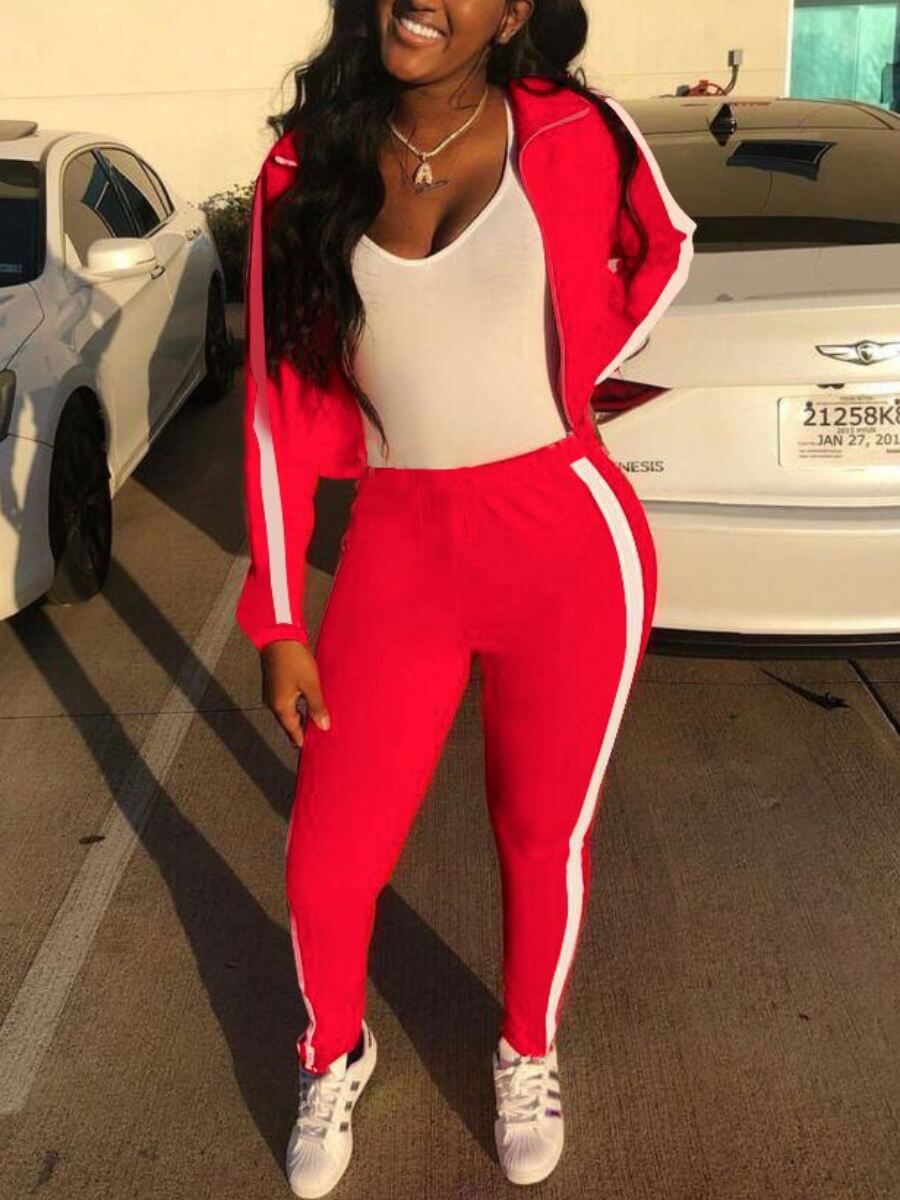 

Lovely Sportswear Striped Patchwork Red Two Piece Pants Set