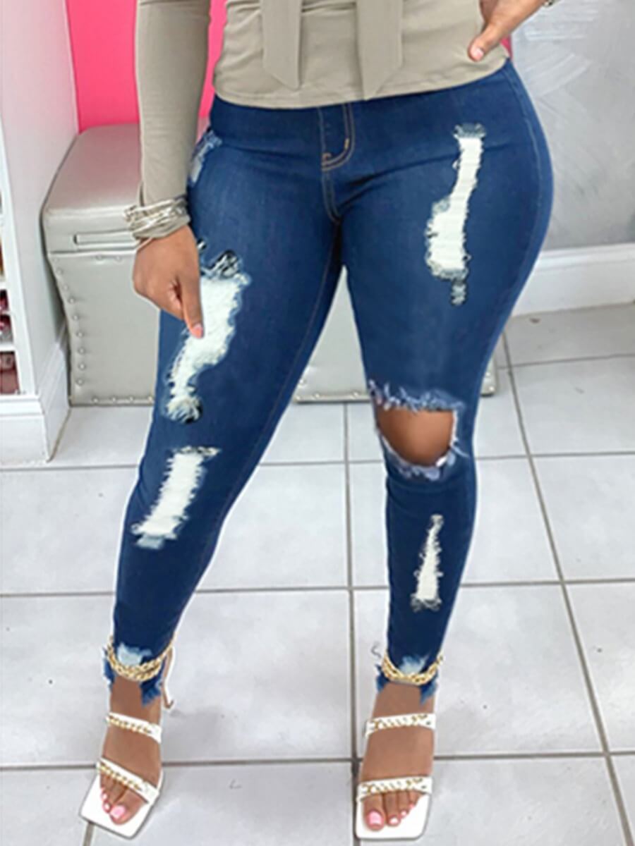

Lovely Street High-waisted Broken Holes Deep Blue Jeans