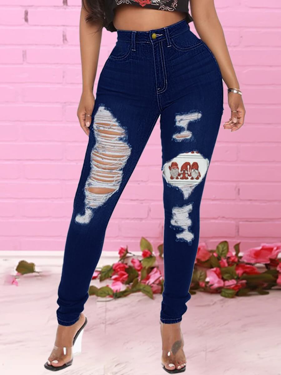 

Lovely Street Broken Holes Patchwork Deep Blue Jeans