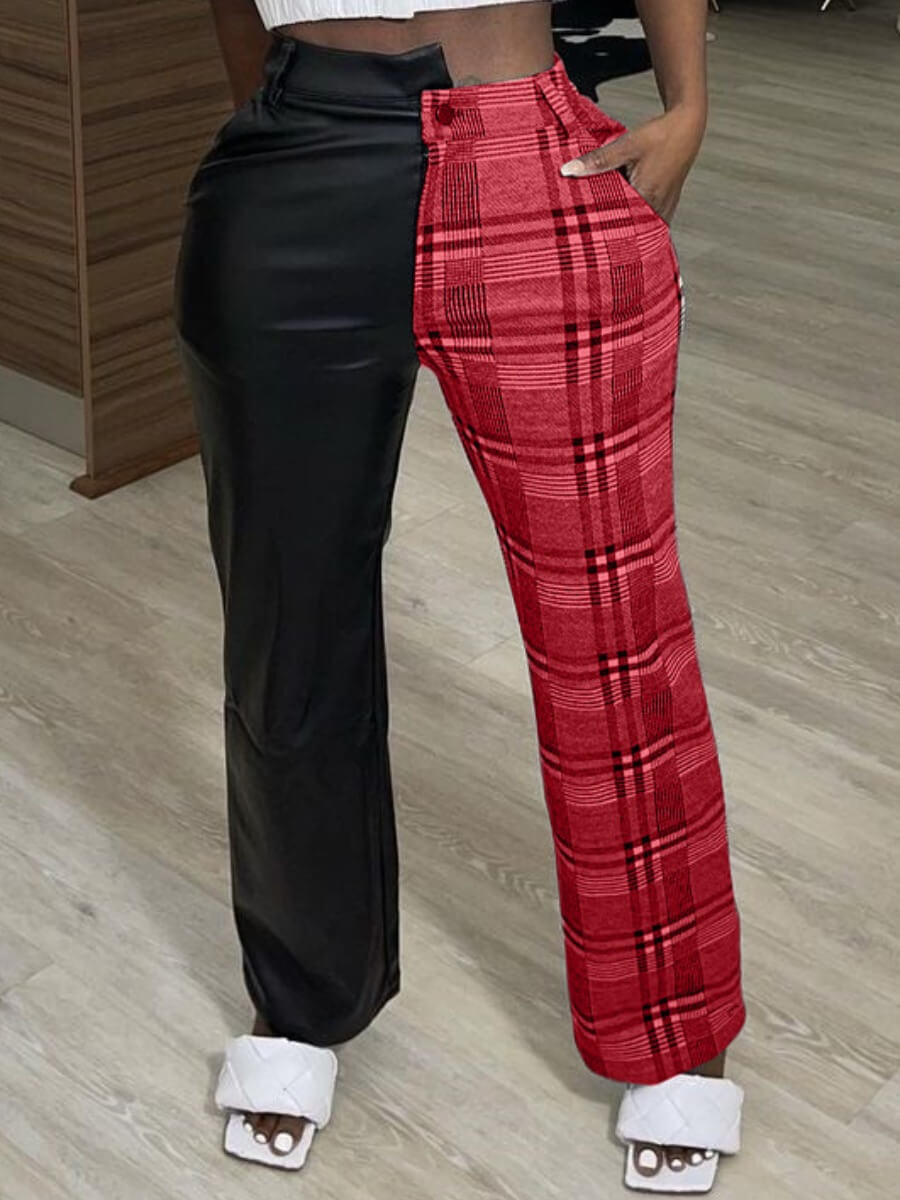 

Lovely Casual Plaid Print Patchwork Red Pants