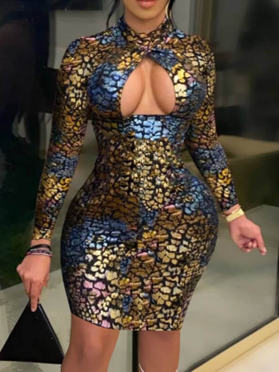 

Lovely Sexy Hollow-out Patchwork Gold Knee Length Dress