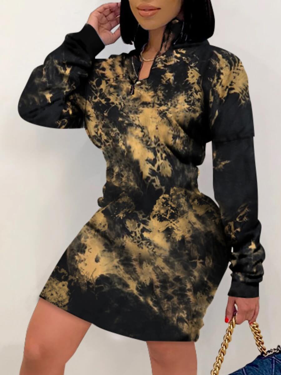 

Lovely Sportswear Tie-dye Patchwork Black Knee Length Dress