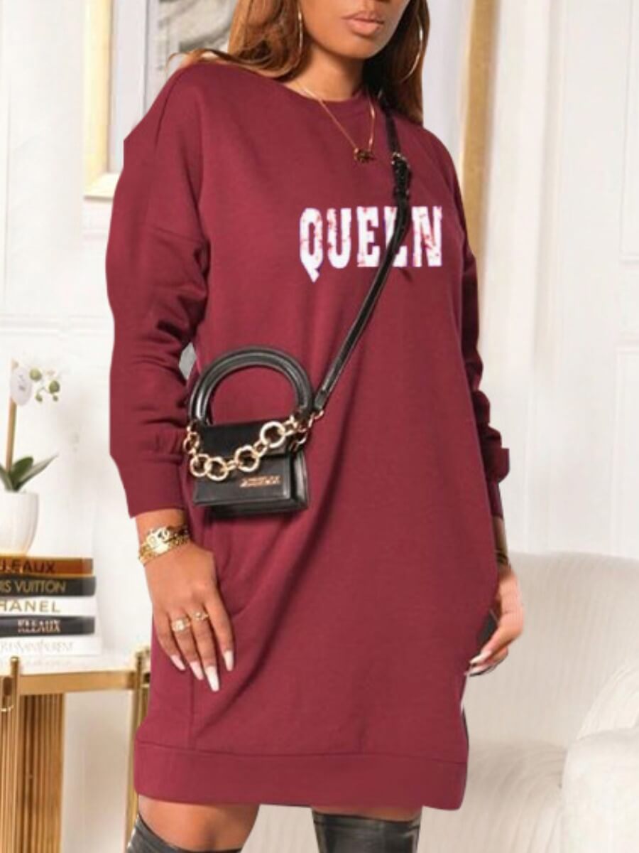 

Lovely Casual O Neck Letter Print Wine Red Knee Length Dress