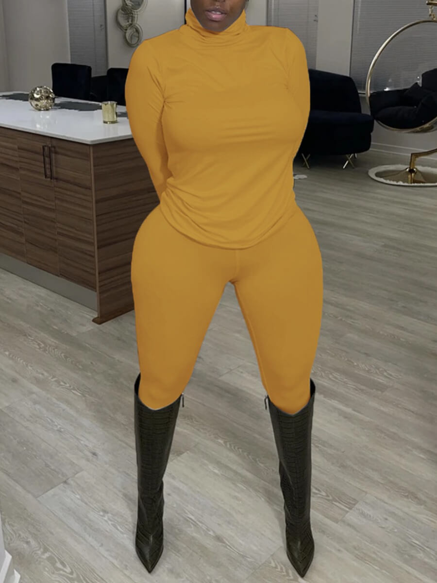 

Lovely Casual Turtleneck Elastic Yellow Plus Size Two-piece Pants Set