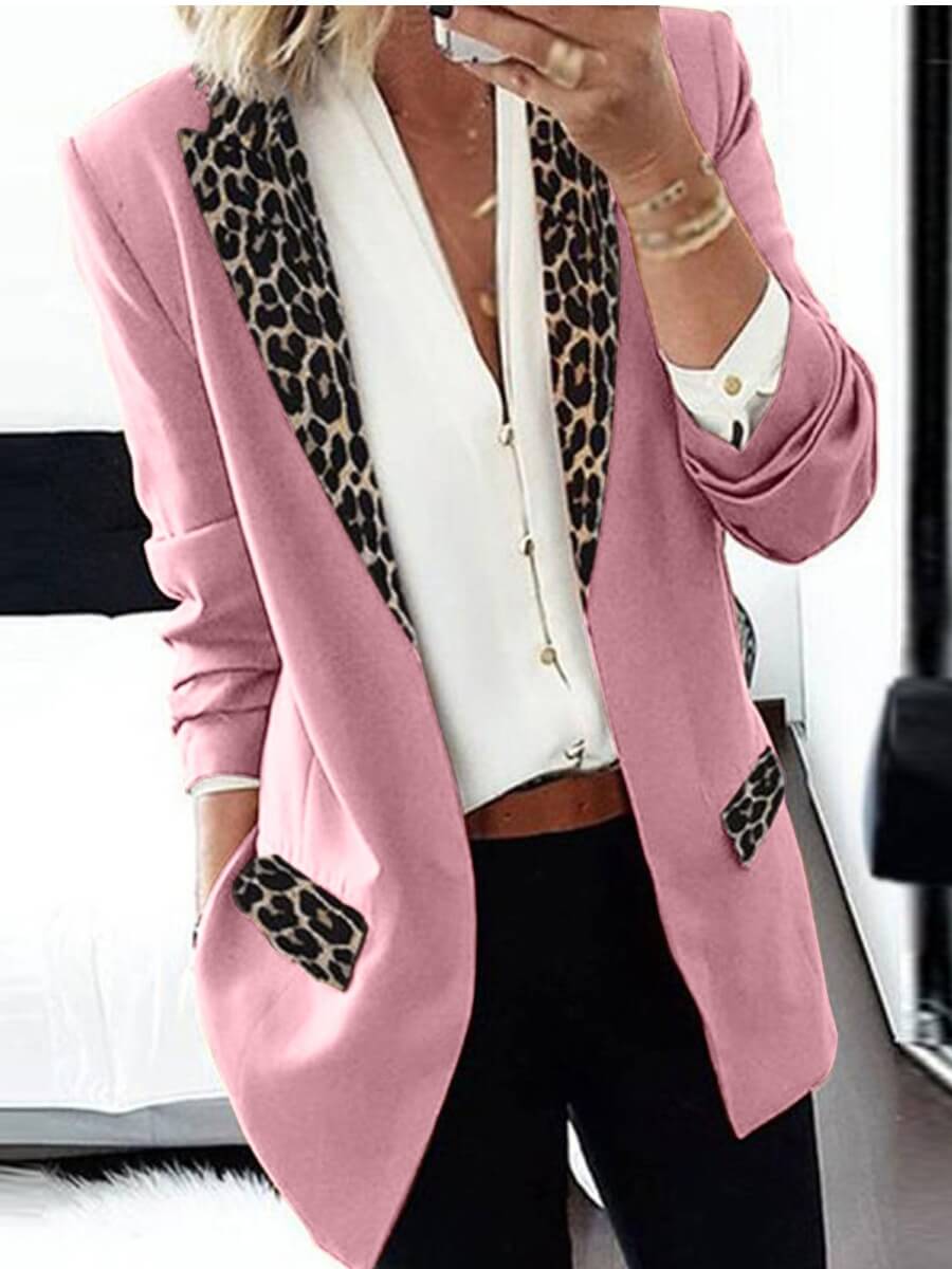 

Lovely Formal Turndown Collar Leopard Print Pink Blazer
