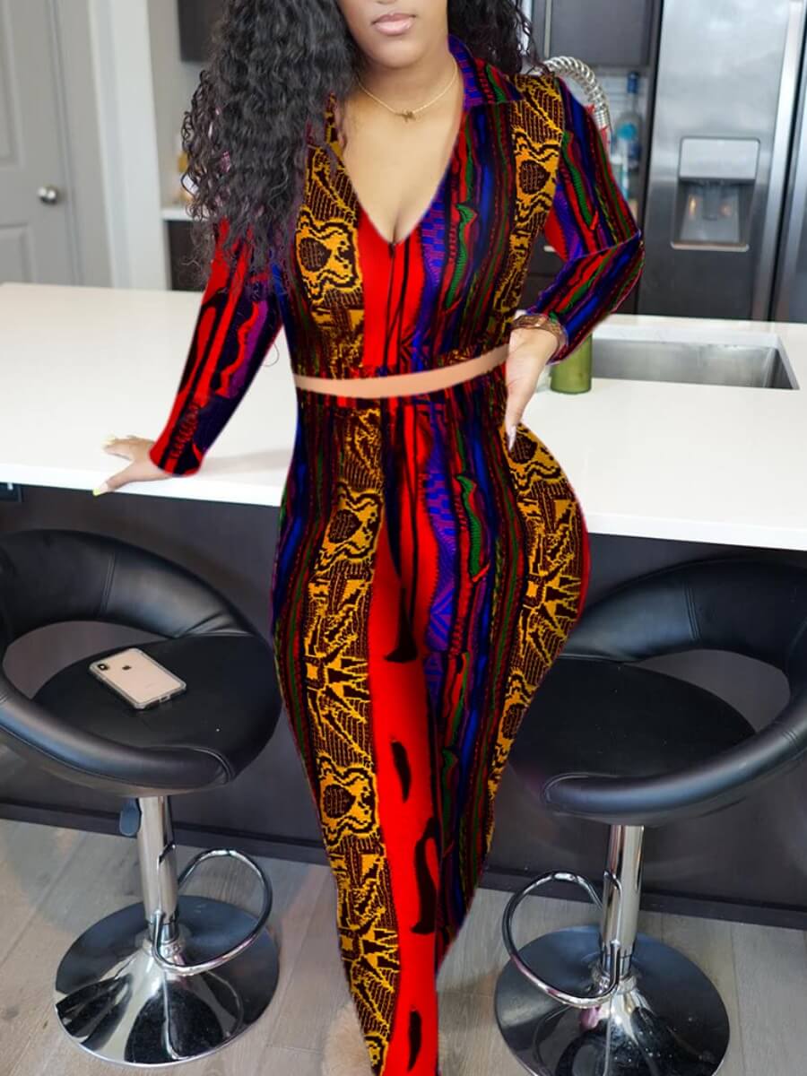 

Lovely Casual V Neck Print Patchwork Multicolor Two Piece Pants Set, Multi