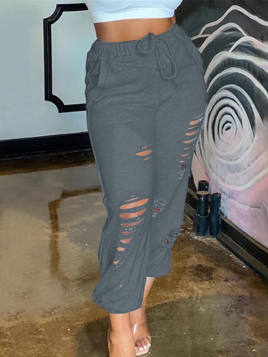 

Lovely Casual Ripped Drawstring Black Pants, Carbon black