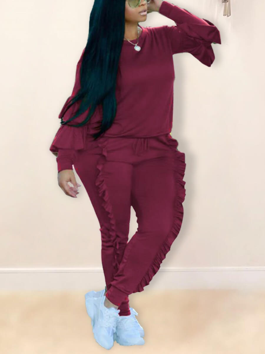 

Lovely Trendy Flounce Design Drawstring Wine Red Plus Size Two-piece Pants Set