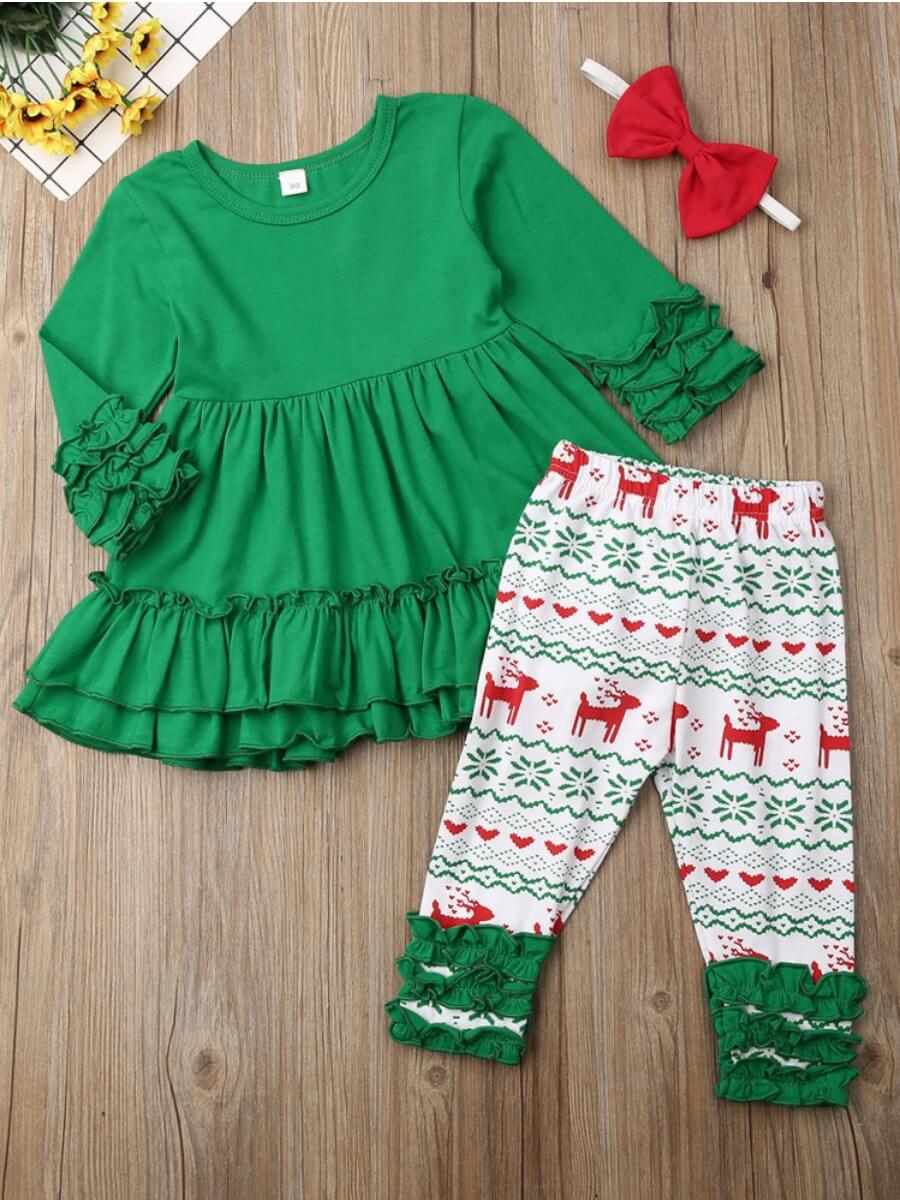 

Lovely Trendy Christmas Day Layered Cascading Green Girl Two Piece Pants Set