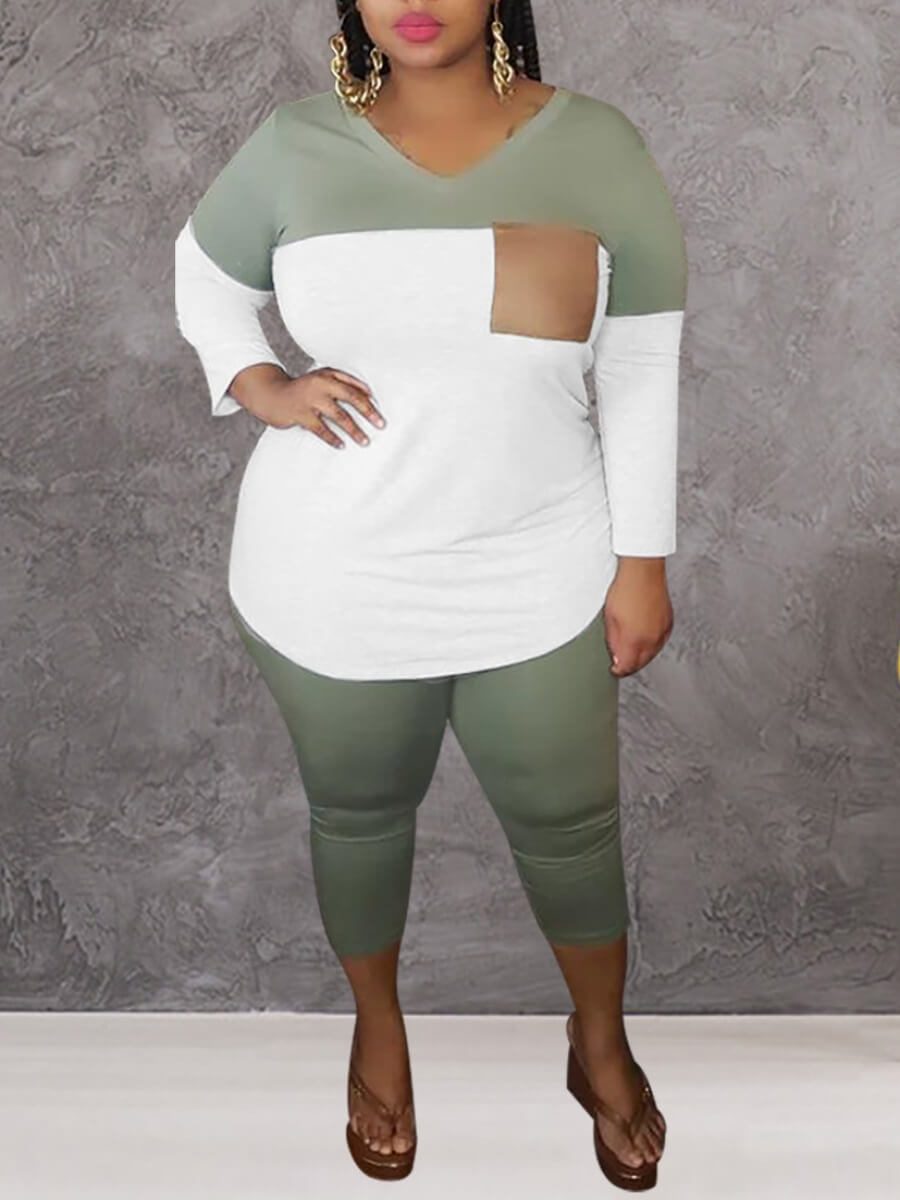

Lovely Casual Patchwork Green Plus Size Two-piece Pants Set
