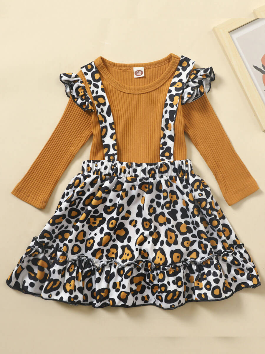 

Lovely Casual Leopard Print Flounce Patchwork Yellow Girl Two Piece Skirt Set