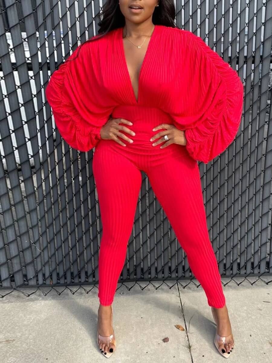 

Lovely Chic V Neck Batwing Sleeve Red One-piece Jumpsuit