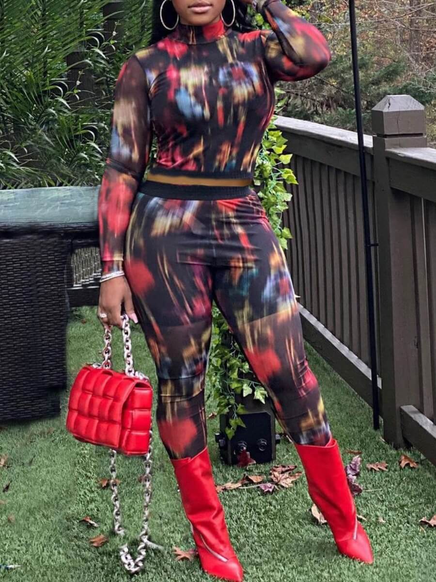 

Lovely Casual Turtleneck Tie Dye Print Black Two Piece Pants Set