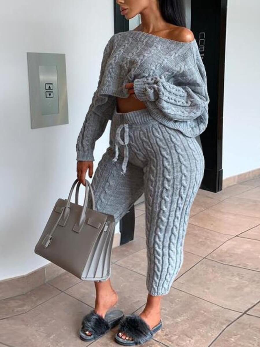 

Lovely Casual Bateau Neck Drawstring Design Grey Plus Size Two-piece Pants Set