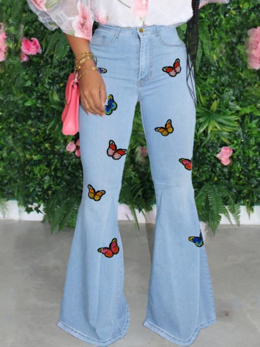 

Lovely Stylish High-waisted Butterfly Decoration Baby Blue Jeans