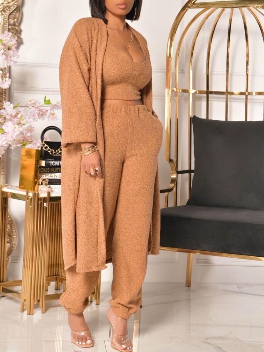 

Lovely Casual U Neck Basic Loose Light Tan Three Piece Pants Set