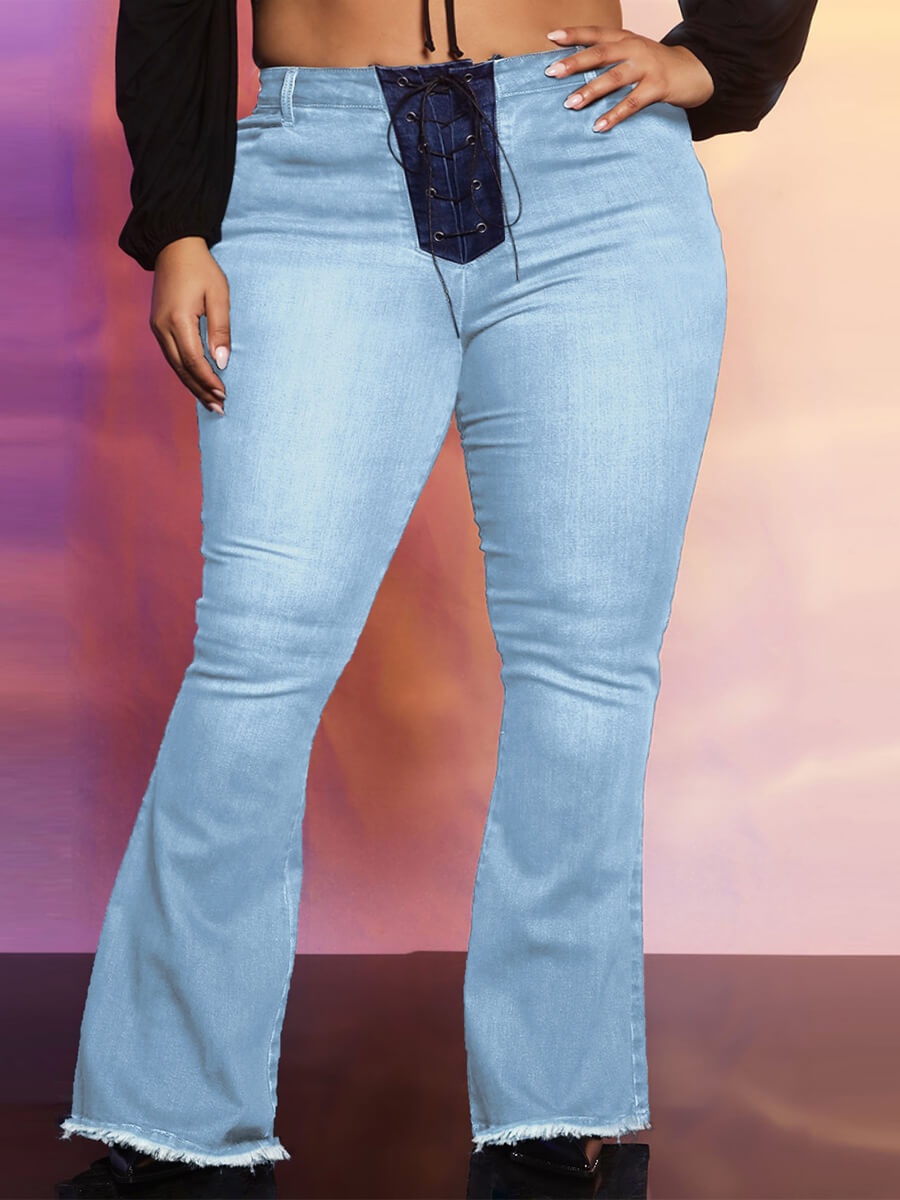 

Lovely Stylish Bandage Design Flared Raw Edge Blue Plus Size Jeans