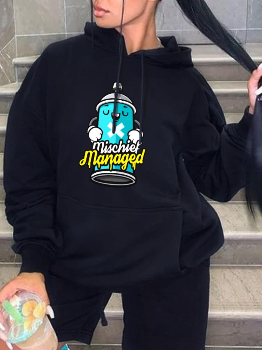 

Lovely Casual Hooded Collar Print Black Hoodie