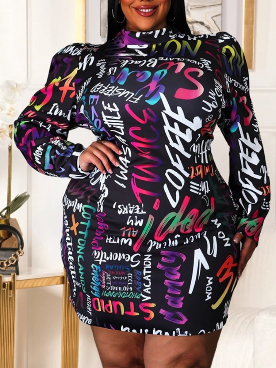

Lovely Casual Turtleneck Graffiti Letter Print Black Plus Size Mini Dress
