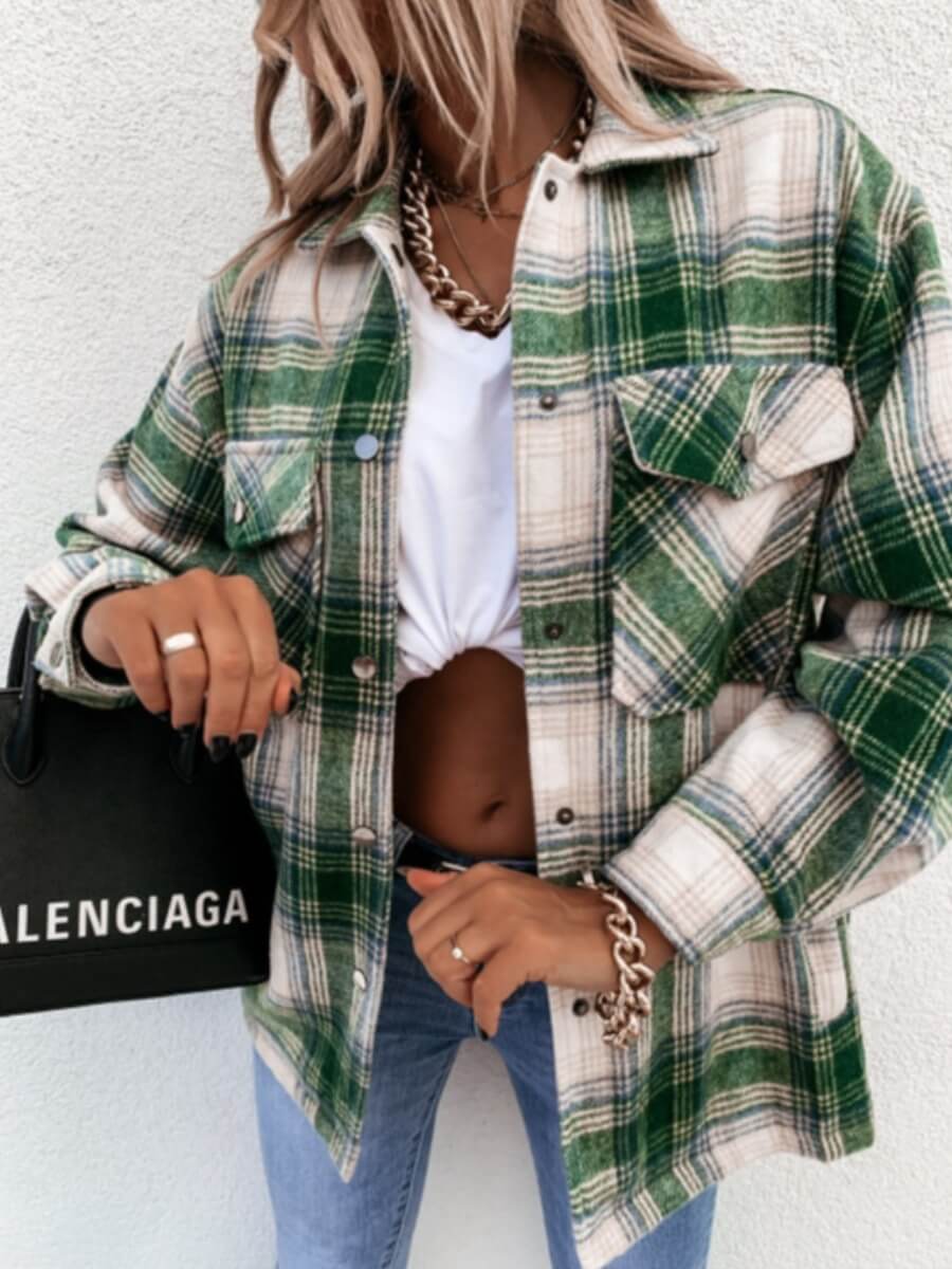 

Lovely Casual Dropped Shoulder Sleeve Plaid Green Coat