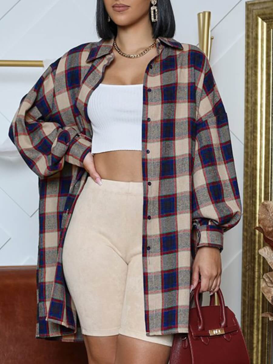 

Lovely Casual Three Quarter Sleeve Plaid Print Blue Shirt Coat