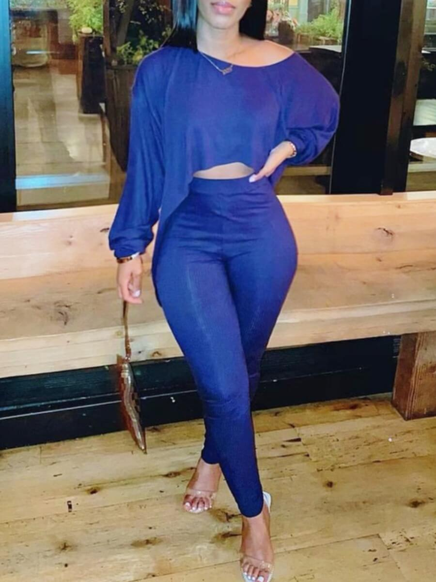 

Lovely Casual Dropped Shoulder Asymmetrical Blue Two Piece Pants Set