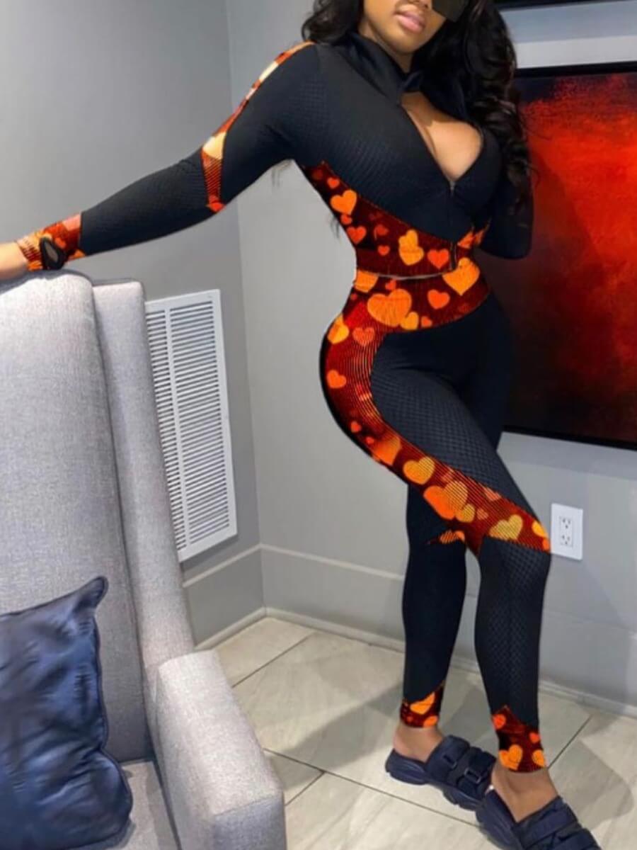 

Lovely Sportswear Heart-shaped Print Patchwork Black Two Piece Pants Set