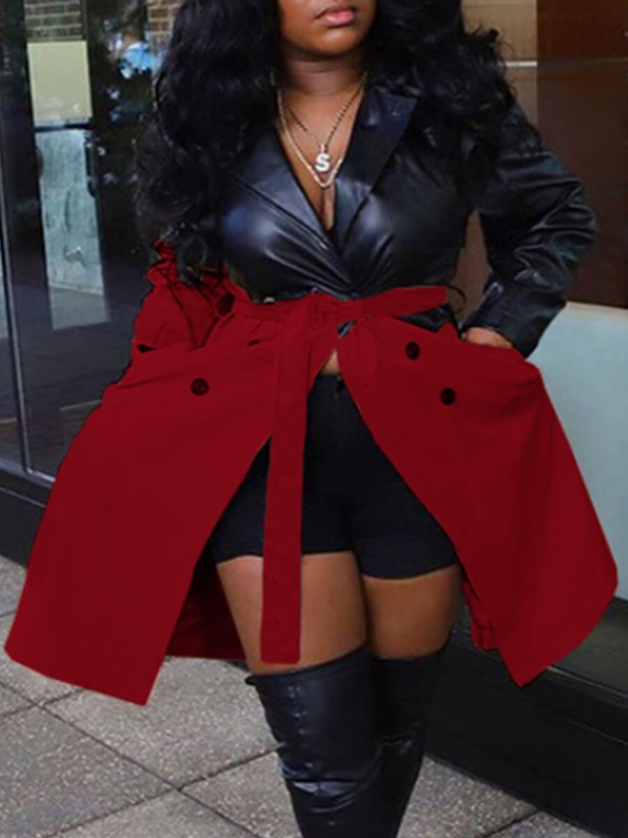 

Lovely Stylish Turndown Collar Patchwork Red Trench Coat