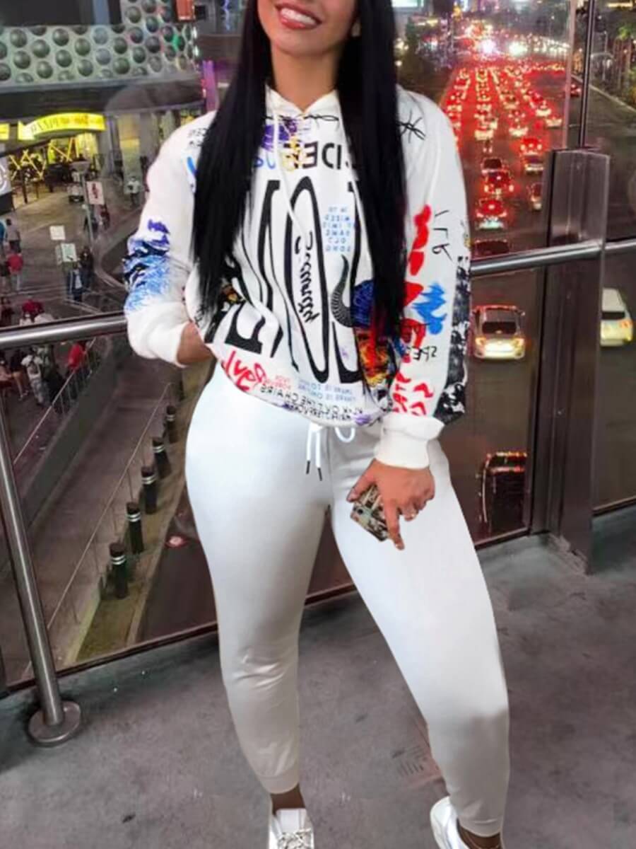 

Lovely Casual Letter Print Patchwork White Two Piece Pants Set