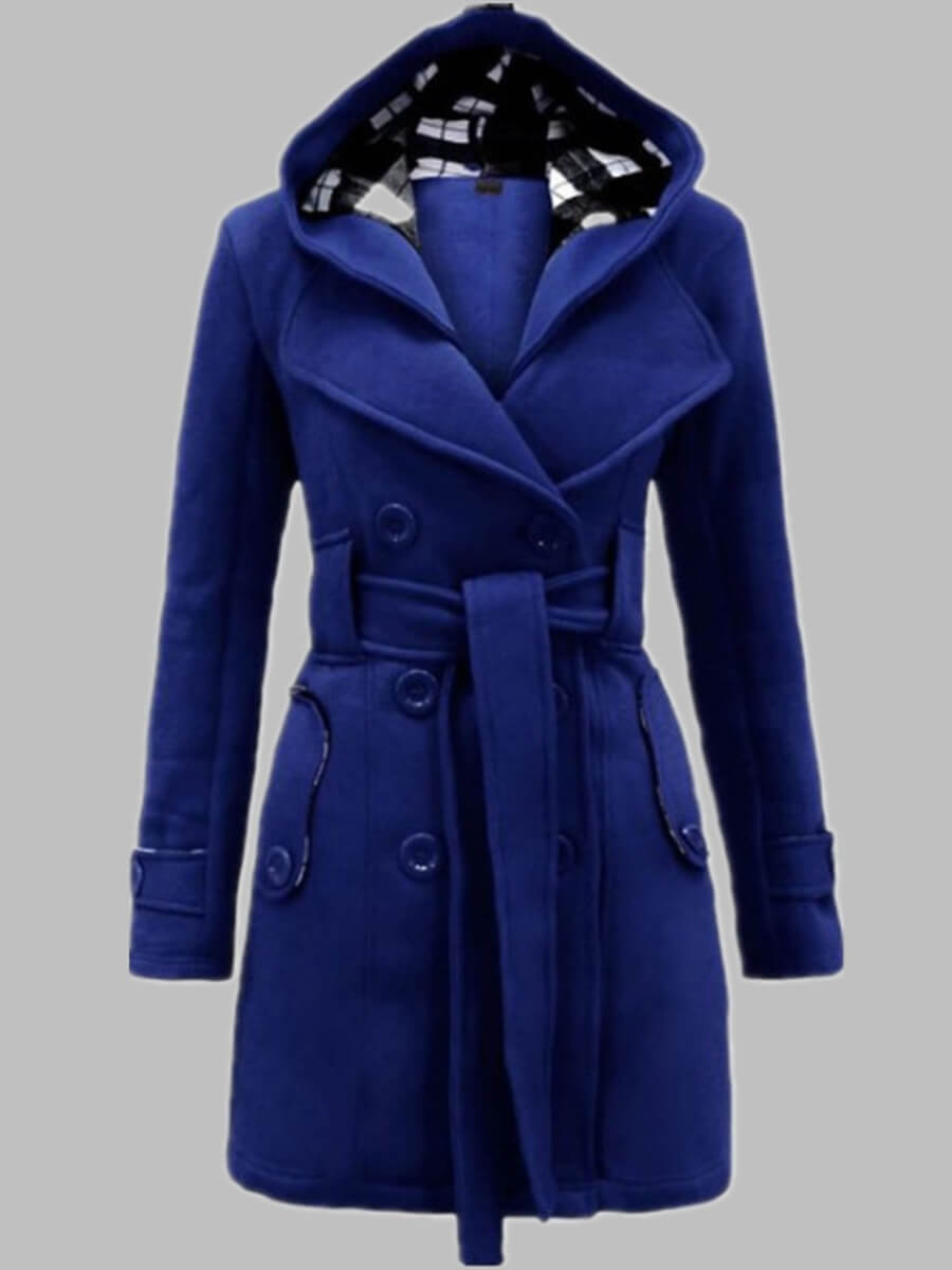 

Lovely Casual Hooded Collar Knot Design Blue Trench Coat