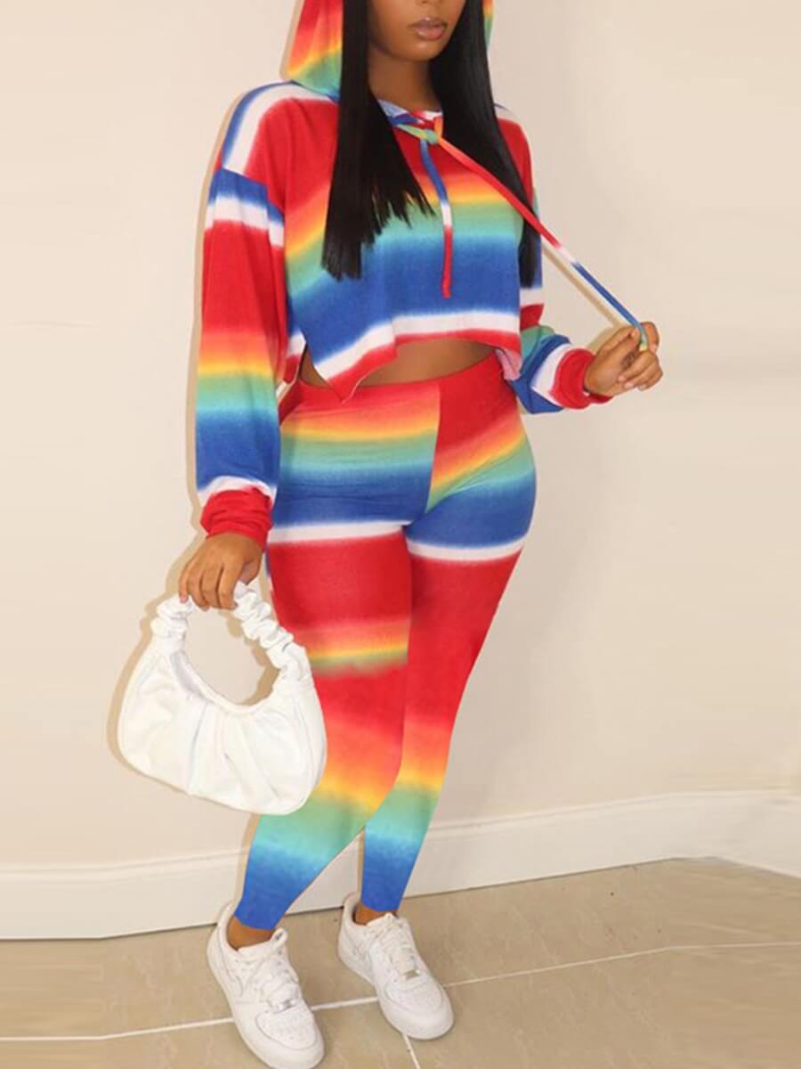 

Lovely Casual Hooded Collar Gradient Multicolor Two Piece Pants Set, Multi