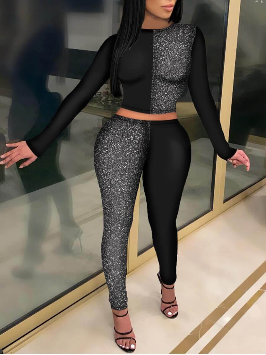 

Lovely Casual O Neck Patchwork Black Two Piece Pants Set