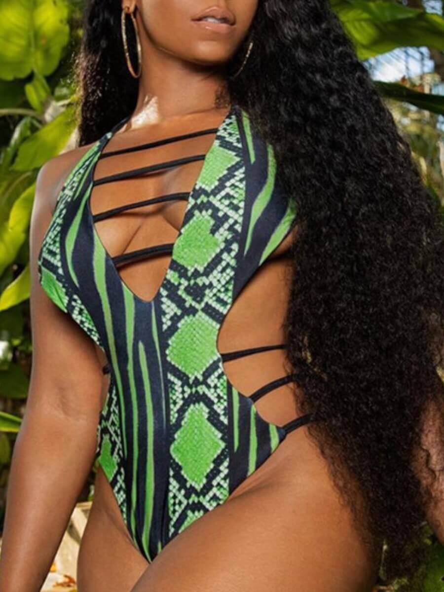 

Lovely Trendy Print Bandage Hollow-out Design Green One-piece Swimsuit