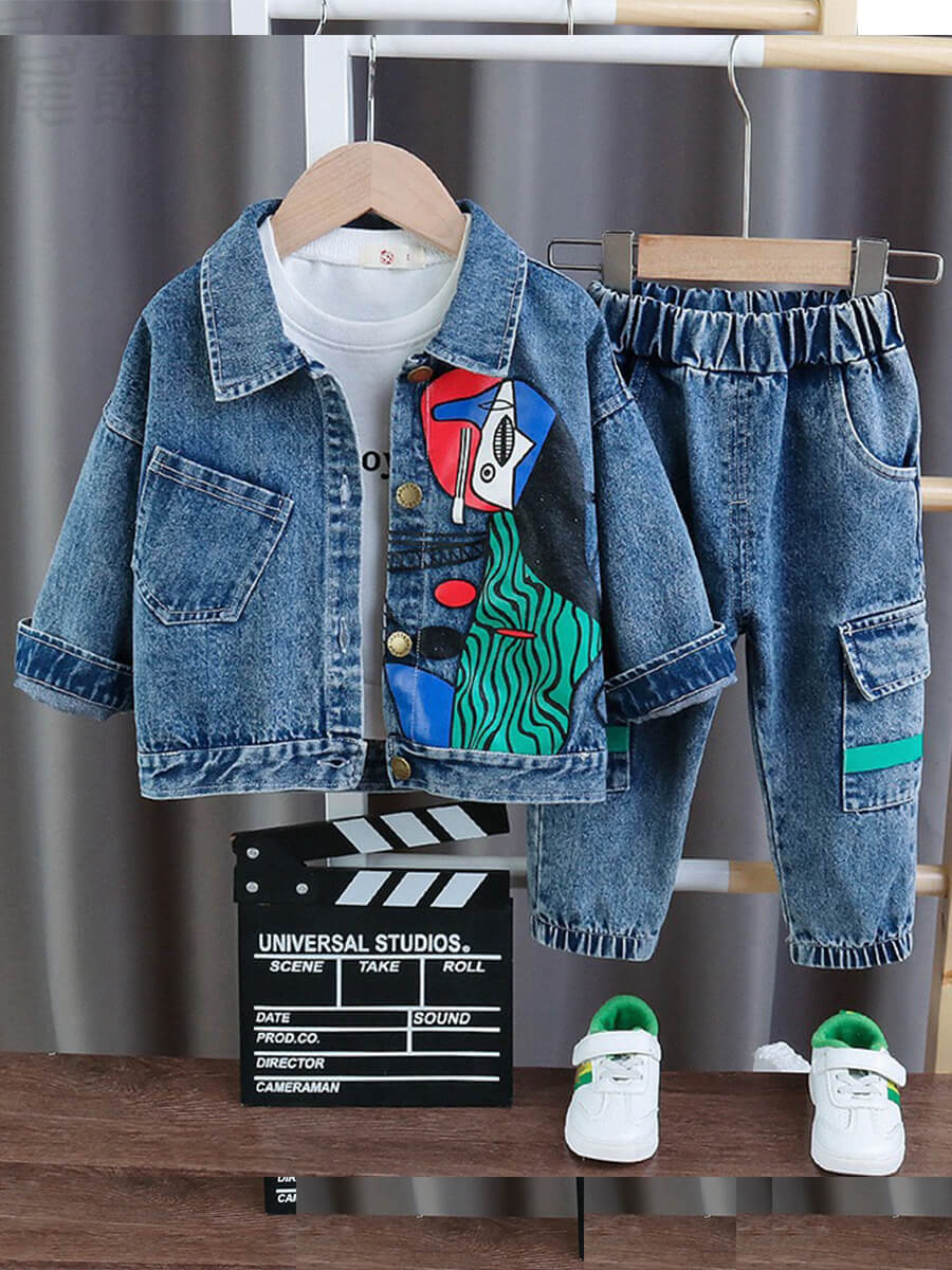 

Lovely Boy Street Side Pocket Patchwork Blue Two Piece Pants Set