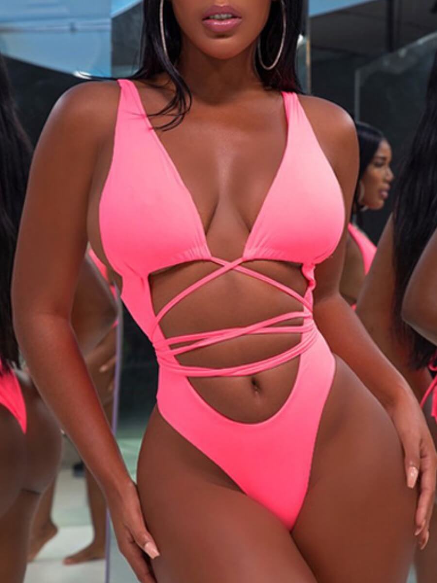

Lovely Casual Bandage Hollow-out Design Rose Red One-piece Swimsuit