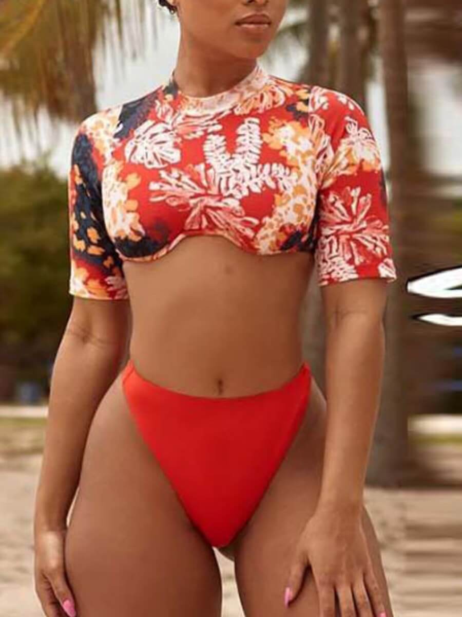

LW Chic Floral Print Patchwork Multicolor Two-piece Swimsuit, Multi